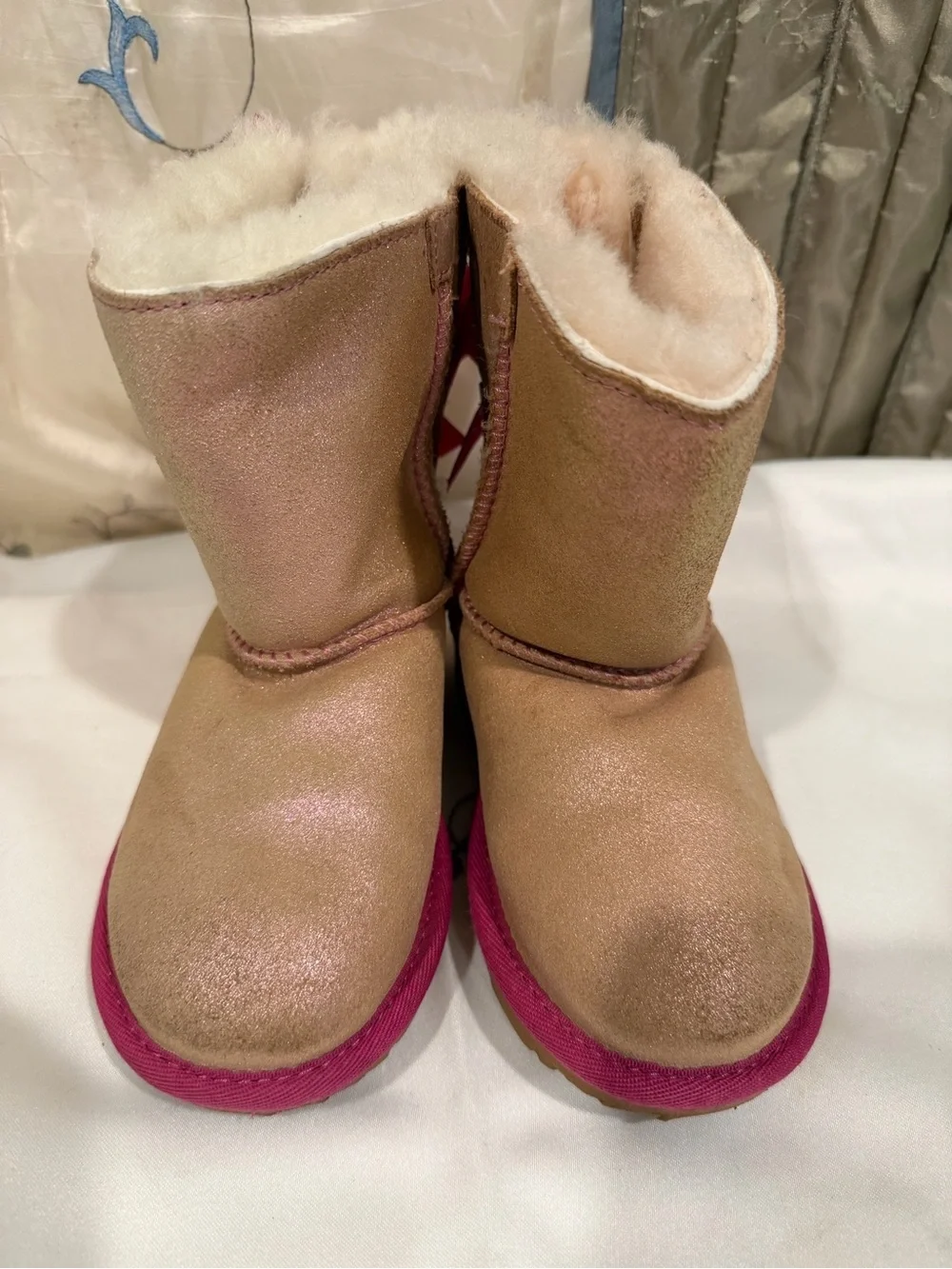 UGG Pink Trim Tan Shearling Kids Boots